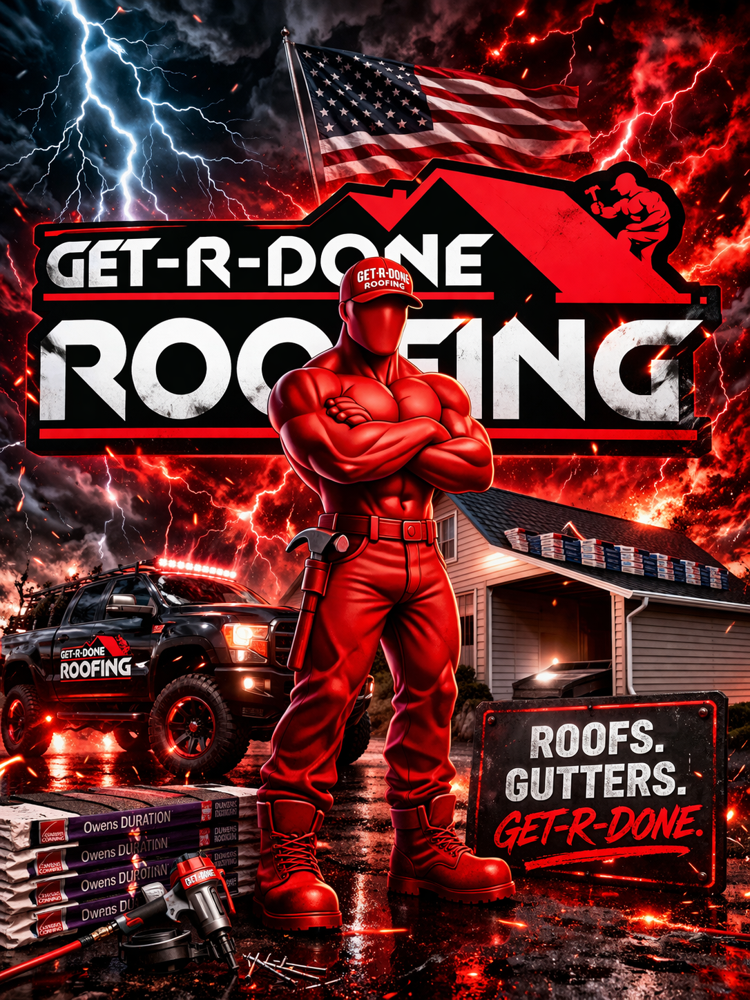 Big Red — the Get-R-Done Roofing mascot, ready to handle your roof, gutters, and siding