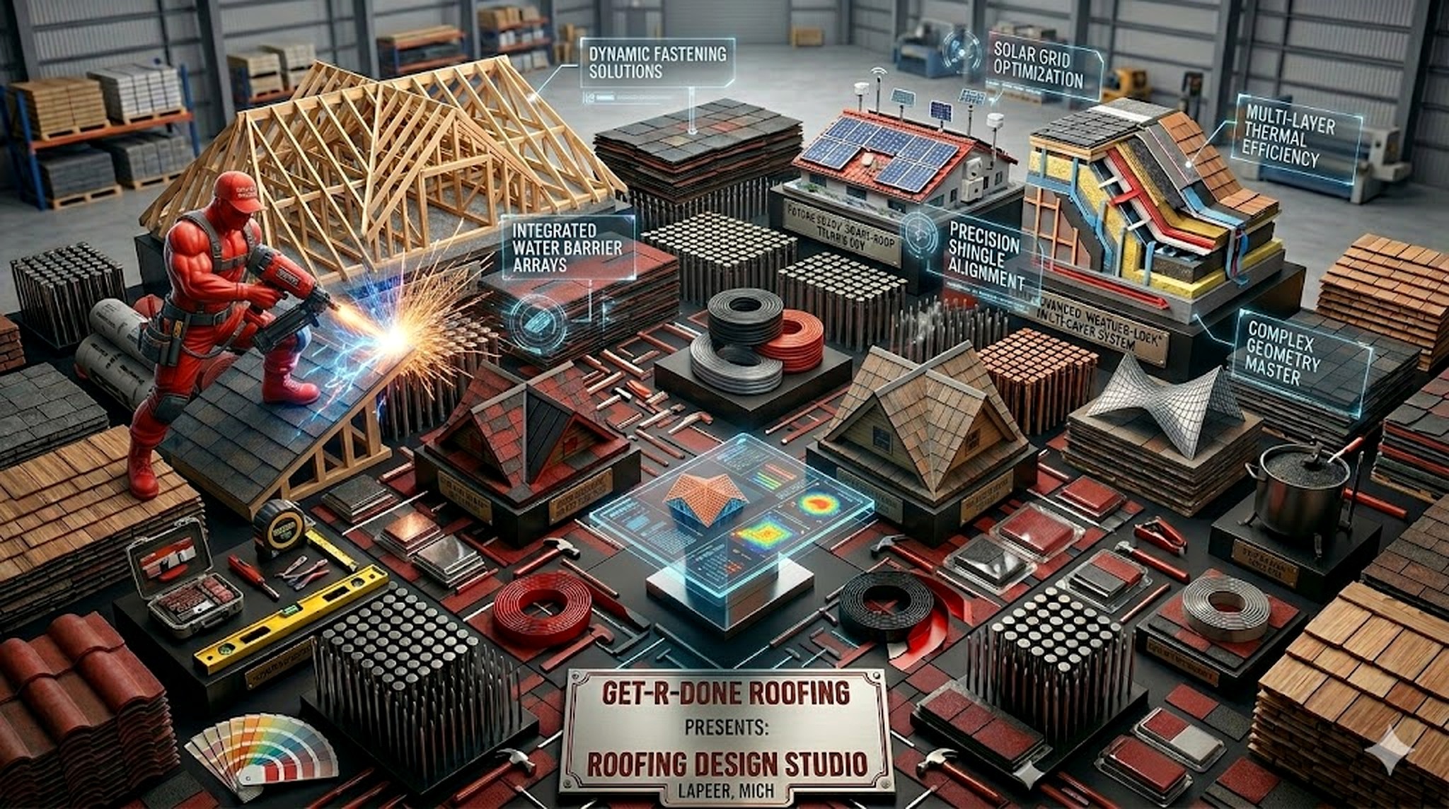 Big Red — the Get-R-Done Roofing mascot in the design studio, holding a miniature house surrounded by trusses, shingles, and tools
